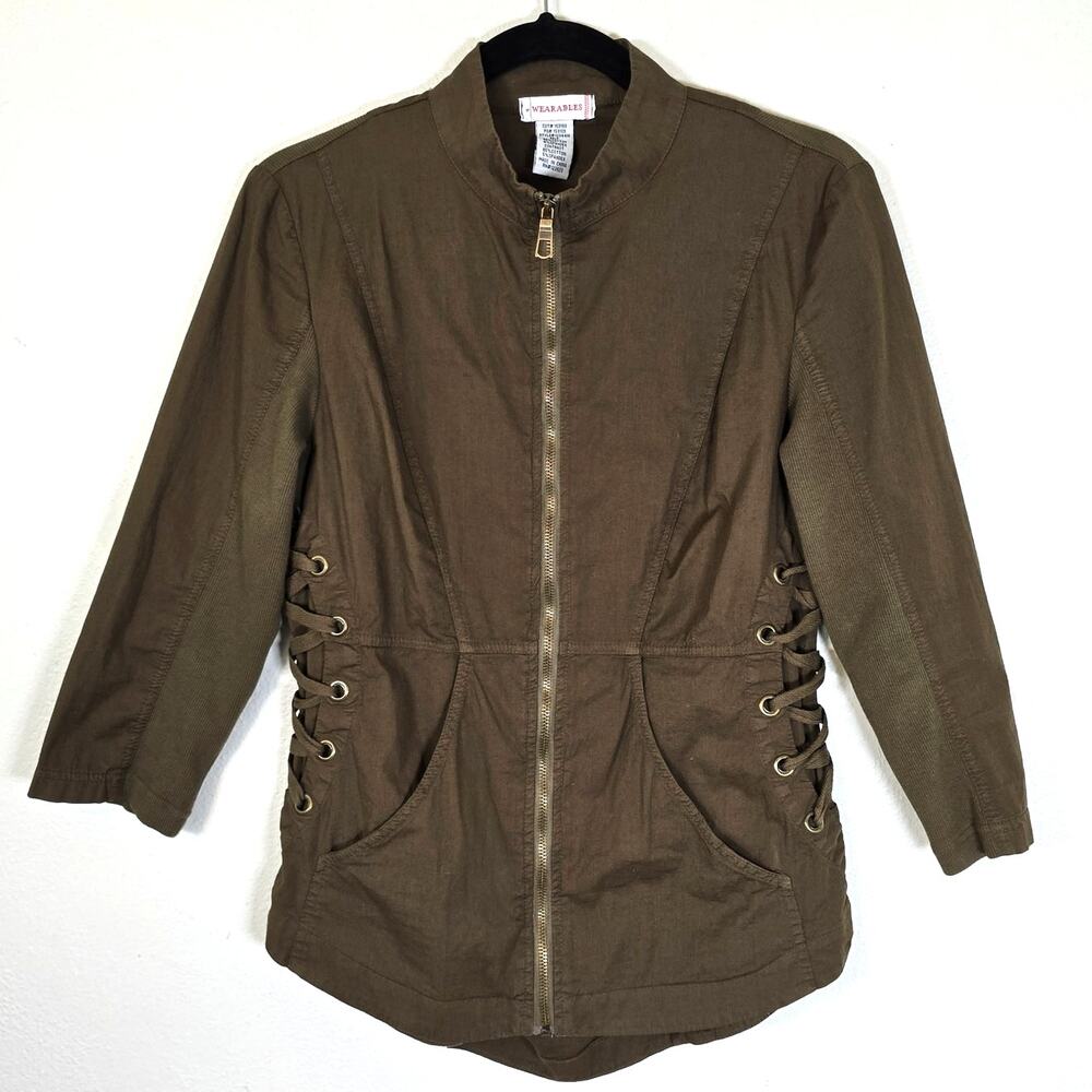 Wearables XCVI Jacket Women's S Khaki Green Ruched Laced Up Sides Stretch Casual